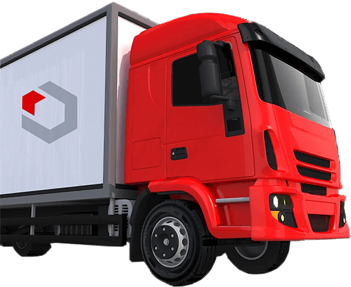 A cut out image of a red and white delivery lorry cropped